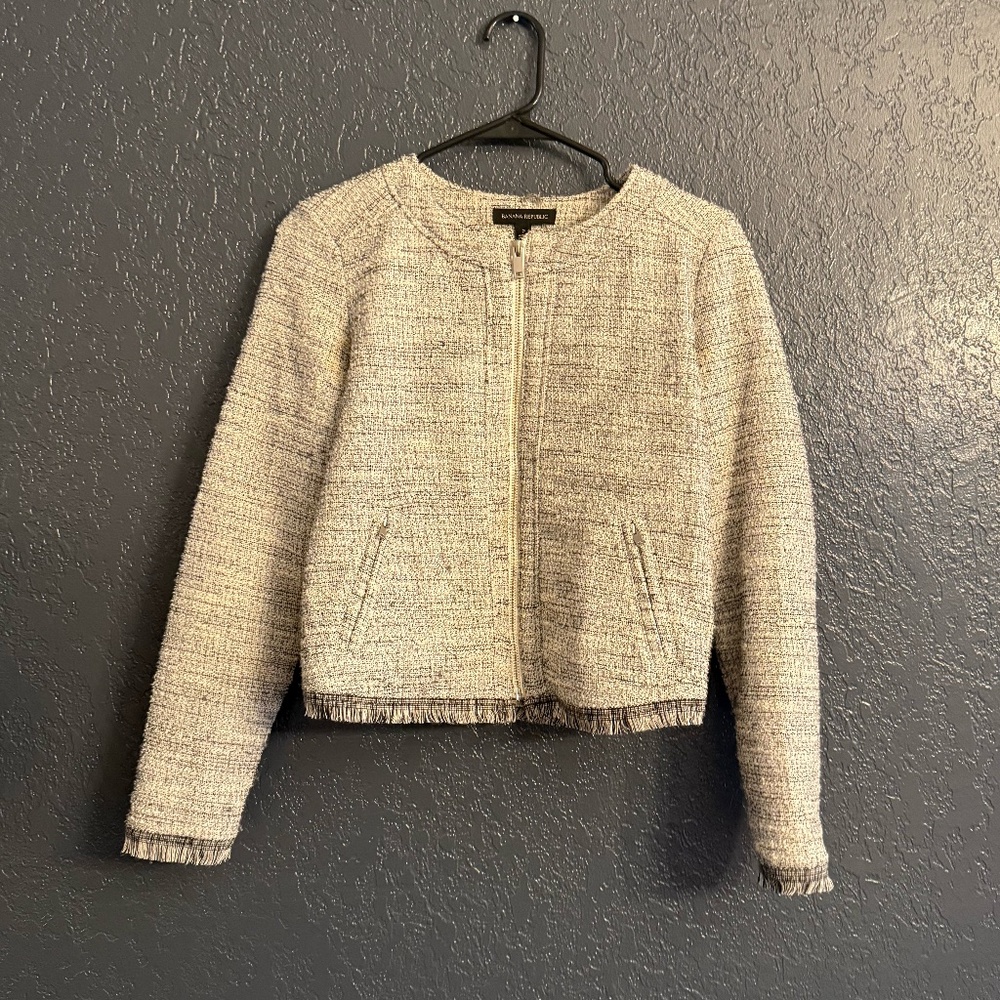 Banana Republic Tweed Fringe Zip Front Blazer